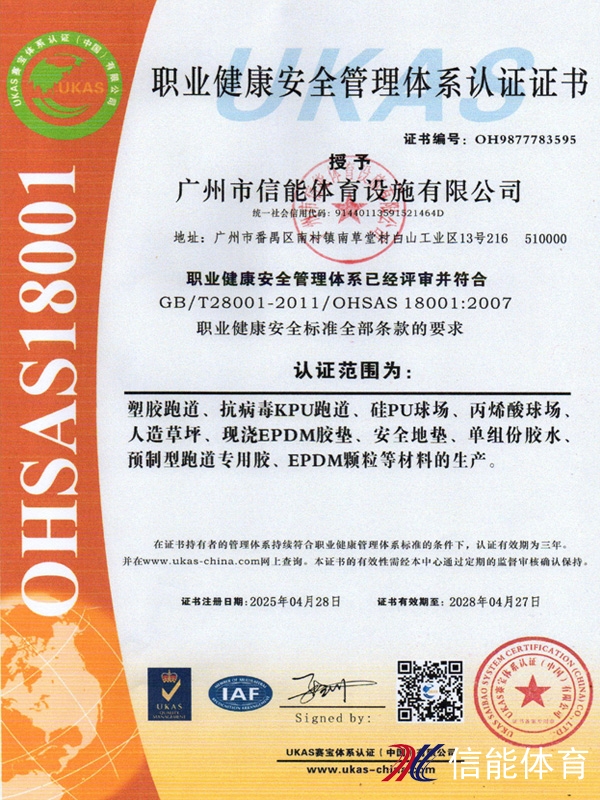 职业健康安全管理体系认证证书